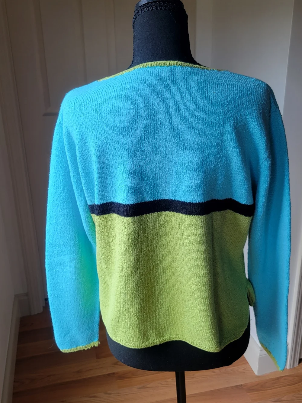 Vintage Colorblock Knit Pullover Sweater Aqua Blue Lime Green Button Accent M